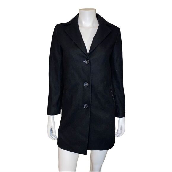 DKNY Petite Faux Leather Trim Black Wool Coat Size PXS NWT - Picture 1 of 8